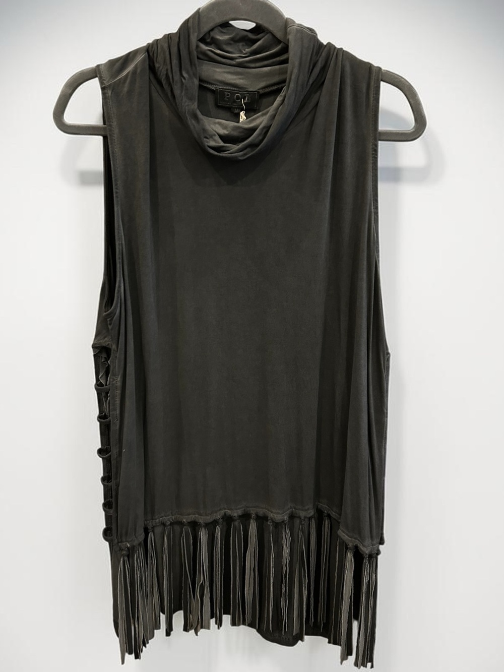 POL sz M Oversized black fringe sleeveless top BNWT